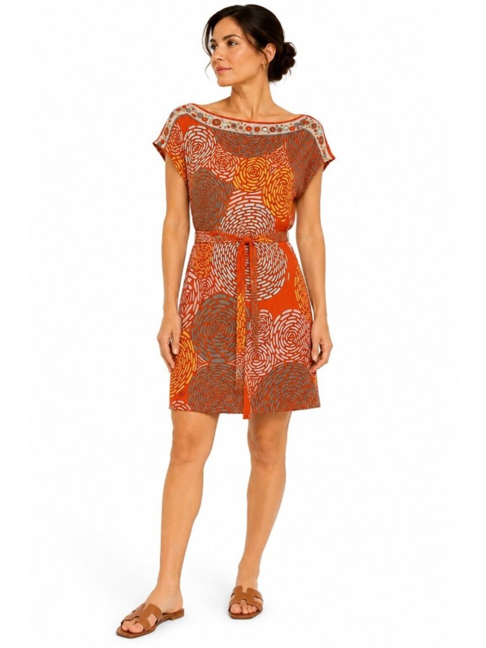 vintage FLORA KUNG silk geometric print dress 4 belted bateau neck designer